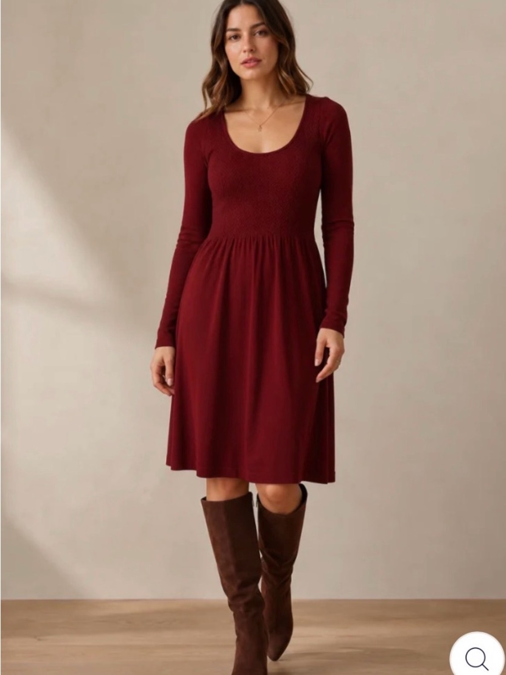 ELIETIAN Burgundy Scoop Neck Long Sleeve Knit Knee Length Dress Current OS S M L